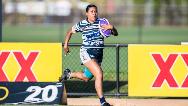 Latoniya Norris on the run for the Darwin Brothers against the Palmerston Raiders in the 2024 NRL NT women's grand final. Picture: Pema Tamang Pakhrin