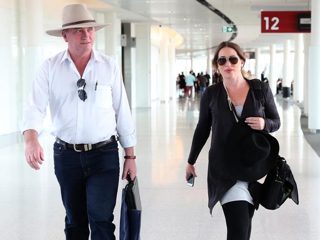 Barnaby Joyce and his pregnant partner Vikki Campion pictured at Canberra airport. Picture: Kym Smith