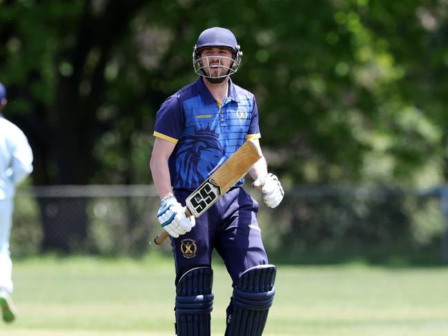 VTCA: St Francis de Sales v Altona North at J.P Fawkner Reserve,17th December 2022.   Aaron Maynard of St Francis de Sales gets the wicket of Patrick McArdle of Altona North.Picture : George Salpigtidis