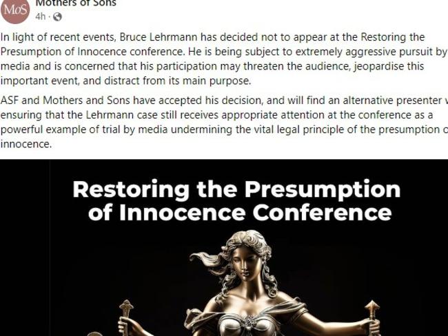 A Facebook post announcing that Bruce Lehrmann had pulled out. Picture: Facebook