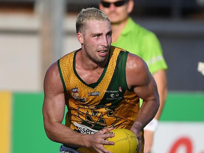 First year St Mary's defender Dylan Landt is rated a big Nichols Medal chance and taking 48 disposals in Round 17 has done his chances no harm. Picture: Felicity Elliott / AFLNT Media