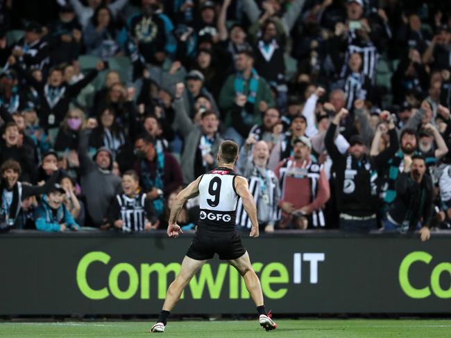 Port star Robbie Gray of the Power celebrates his goal during the Power and the Richmond game at Adelaide Oval on April 9. Picture: Sarah Reed/AFL Photos via Getty Images