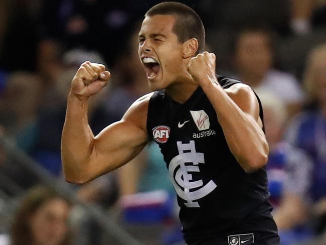 MELBOURNE, AUSTRALIA - APRIL 21: Jack Silvagni of the Blues celebrates a goal during the 2019 AFL round 05 match between the Western Bulldogs and the Carlton Blues at Marvel Stadium on April 21, 2019 in Melbourne, Australia. (Photo by Michael Willson/AFL Photos)