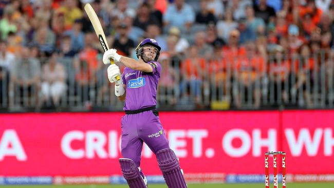 Caleb Jewell of the Hurricanes looks on after playing a shot during the Big Bash League (BBL) cricket match between the Perth Scorchers and Hobart Hurricanes at Optus Stadium in Perth, Sunday, January 5, 2020. (AAP Image/Richard Wainwright)