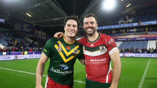 He was rested for the game but James Tedesco was still able to swap jerseys with Mitchell Moses. Picture: Jan Kruger/Getty Images for RLWC