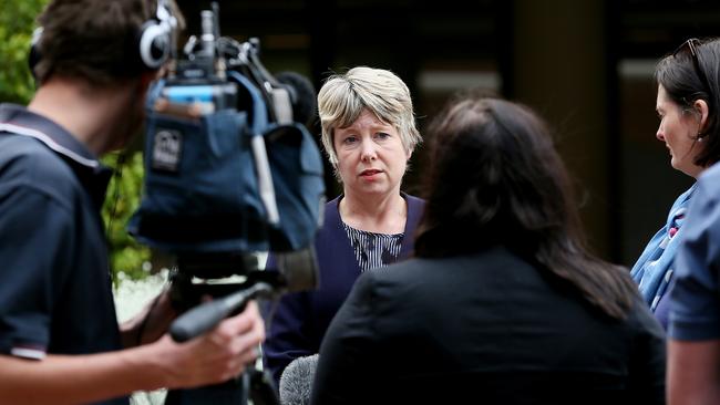 Then Attorney-General Vanessa Goodwin speaking to reporters about the Ellendale Freedom Centre earlier this year. Picture: SAM ROSEWARNE