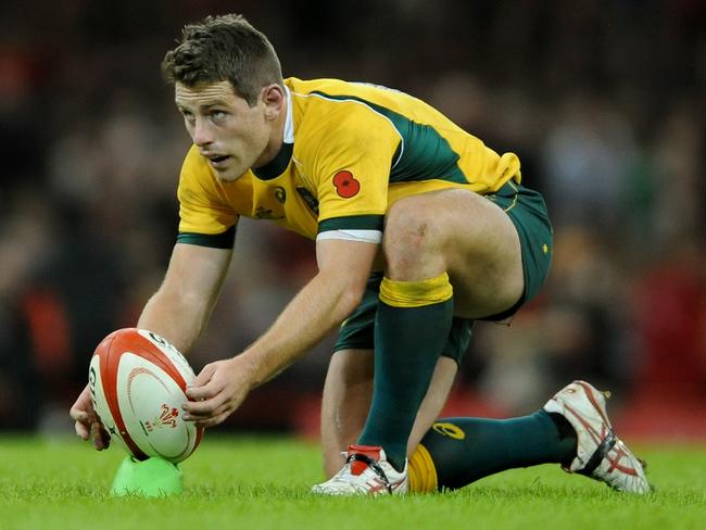 Australia's Bernard Foley lines up for a conversion kick against Wales.