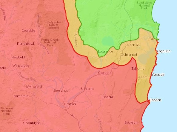 The current cane toad biosecurity zone: red indicates a toad-free area, yellow indicates a buffer area (toads could be present) and green indicates an established cane toad area. Photo: NSW DPI