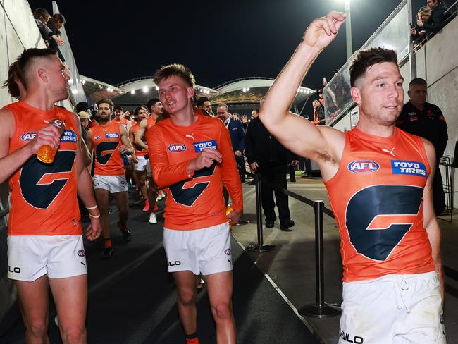 ADELAIDE, AUSTRALIA - JULY 15: Toby Greene of the Giants celebrates their win during the 2023 AFL Round 18 match between the Adelaide Crows and the GWS Giants at Adelaide Oval on July 15, 2023 in Adelaide, Australia. (Photo by James Elsby/AFL Photos via Getty Images)