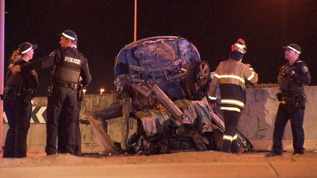 A young man has died as his car erupted in flames in a horrifying crash on the Port River Expressway. Picture: 7NEWS