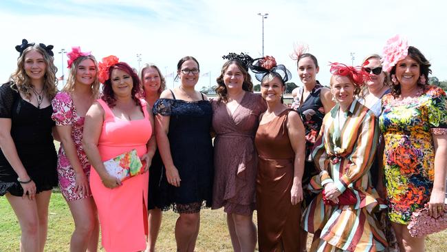 Friends Tracy McIntyre, Gemma McIntyre, Charlie Clarke, Bec Clarke, Tina Carlson, Ingrid Biddulph, Emma Hansen, Julie Burgess, Michelle Holl, Marianne Jones and Zoe Eyles at the Bridge Toyota Ladies’ Day. Picture: (A)manda Parkinson