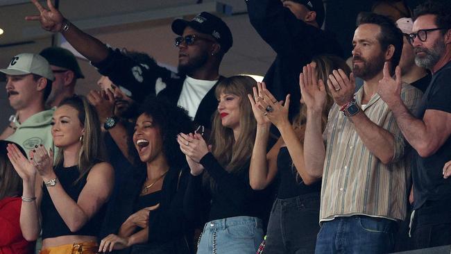 Taylor Swift, Ryan Reynolds and Hugh Jackman watched the Kansas City Chiefs take on the New York Jets at MetLife Stadium. Picture: AFP