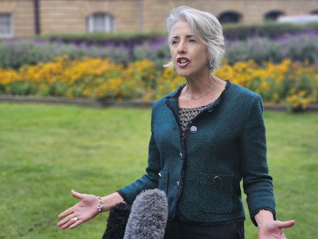 Greens leader Rosalie Woodruff speaks to the media on Parliament Lawns in Hobart on Monday, March 25, 2024.