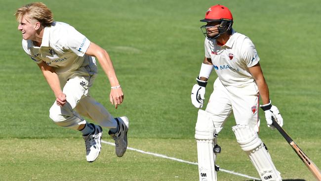 Will Sutherland bowls for Victoria against South Australia at Adelaide Oval during the final round before the Sheffield Shield season was cut short Picture: AAP