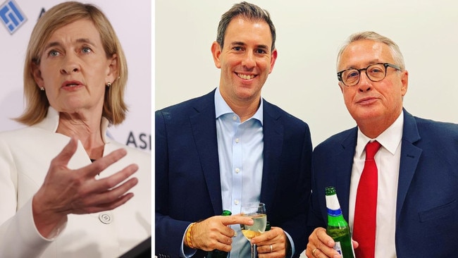 ASIC deputy chair Sarah Court on Wednesday, left, Treasurer Jim Chalmers with former treasurer and Cbus chairman Wayne Swan. Picture: John Feder