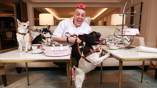 Chef Anna Polyviou, with Bruiser, Tequila and Anca during Doggy Afternoon Tea, at The Langham, Millers Point, Sydney, today. Picture: Justin Lloyd.