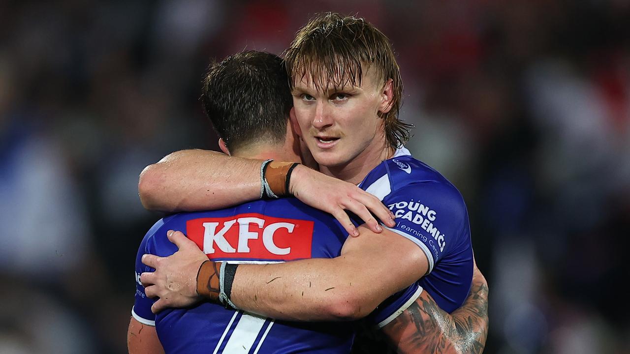 SYDNEY, AUSTRALIA - AUGUST 10: Jacob Preston of the Bulldogs celebrates after the round 23 NRL match between St George Illawarra Dragons and Canterbury Bulldogs at Netstrata Jubilee Stadium, on August 10, 2024, in Sydney, Australia. (Photo by Jeremy Ng/Getty Images)