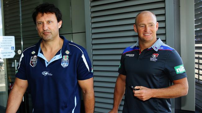 Former NSW Origin coach Laurie Daley and Newcastle coach Nathan Brown.