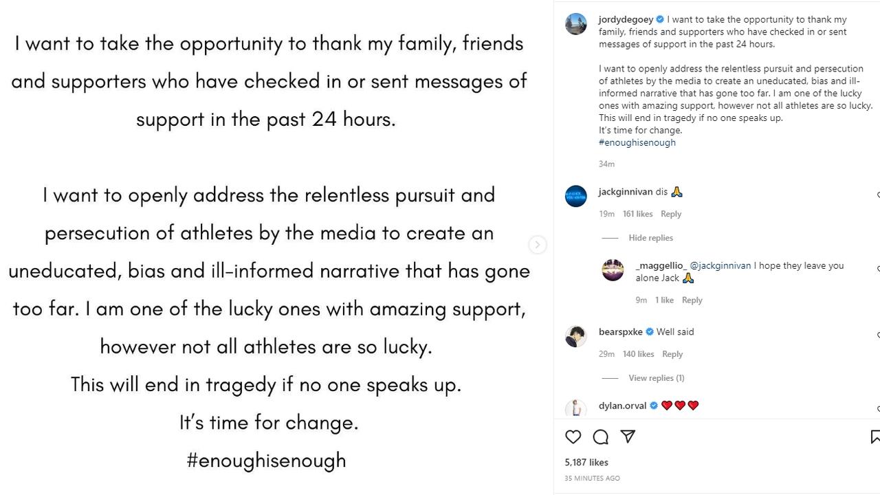 De Goey’s statement on his Instagram account. Picture: Instagram/jordyDeGoey