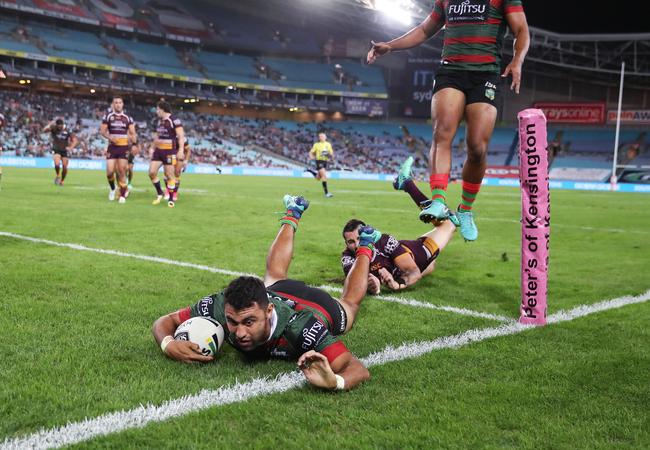 Alex Johnston scores against the Broncos at ANZ Stadium. Picture: Phil Hillyard