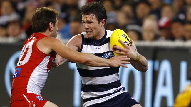 Patrick Dangerfield pushes Nick Smith away on Friday night. Picture: Michael Klein