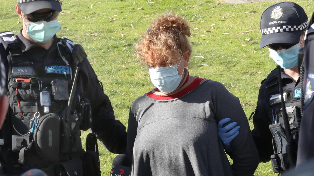 A woman arrested at the Shrine of Remembrance. Picture: David Crosling / NCA NewsWire