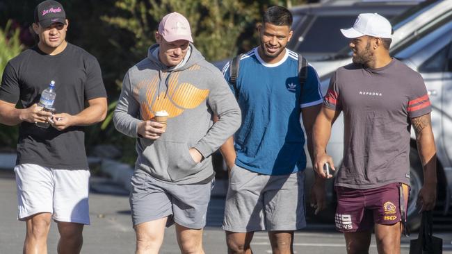 David Fifita, Matt Lodge, Payne Haas and Joe Ofahengaue arrive at the Clive Berghofer Centre. Picture: AAP Image/Glenn Hunt