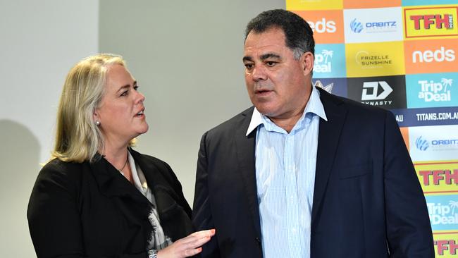 Gold Coast Titans co-owner Rebecca Frizelle (left) and Mal Meninga (right).