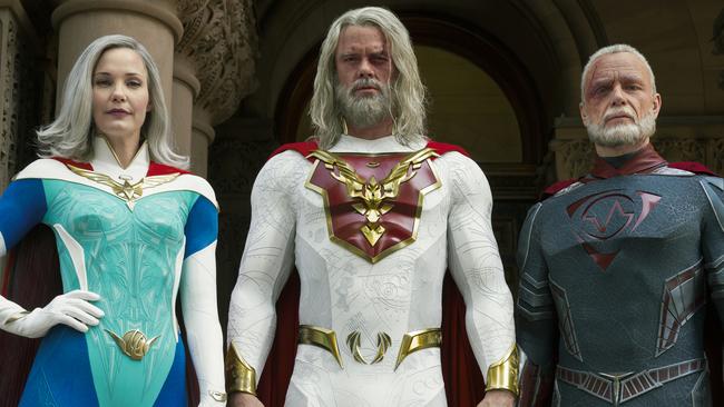 Leslie Bibb, Josh Duhamel and Ben Daniels as superheroes in Jupiter’s Legacy.