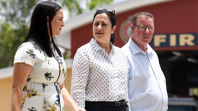 Queensland Premier Annastacia Palaszczuk (centre), joined by Labor's candidate for Rockhampton Barry O'Rourke (right) and Labor's candidate for Keppel, Brittany Lauga. Picture: AAP.