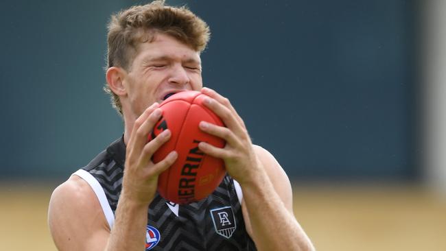 Mitch Georgiades flies for a mark during the pre-season hitout.