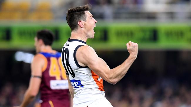 Jeremy Cameron savours a goal during GWS’ win on Sunday. Picture: Bradley Kanaris/Getty Images.