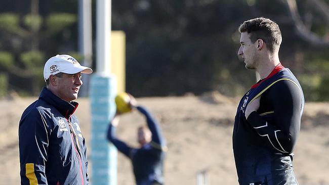 Crows senior coach Don Pyke talks to forward Josh Jenkins last week. Picture SARAH REED