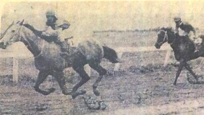 Flying Shrapnel, ridden by Lyn Baskett, races to victory over Lumley's Pride (Arlene Davis) and Glass Shoe in the 1974 Lipstick Lightning at Charleville.