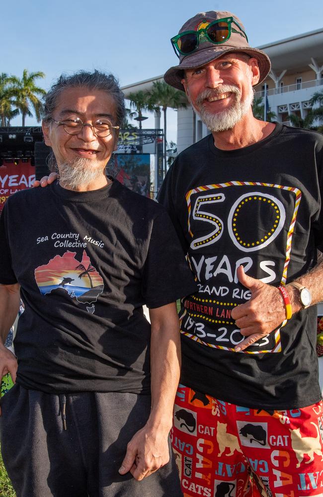 Akil Hoshu and Jinkalmu Marabu at the Northern Land Council 50 Year Anniversary Concert in State Square, Parliament House, Darwin. Picture: Pema Tamang Pakhrin