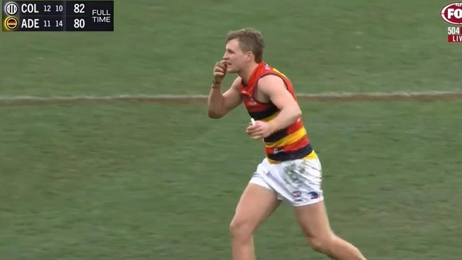 Jordan Dawson gestures to the umpire after the siren against Collingwood. Photo: Fox Footy.