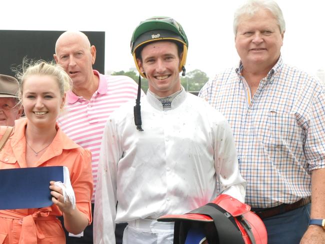 SISTER and brother combination Angela Plumb (trainer) and Ryan Plumb (jockey) join forces to win Stuart James Memorial Maiden Handicap (1800m) with Barraaj on Gold Coast on Saturday, January 21, 2017. Photo:Jessica Hawkins/Trackside Photography