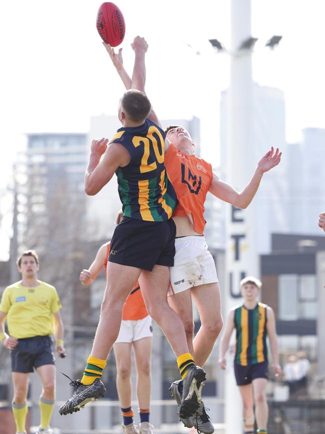 Will Pryor of Western Heights College and Ned Lewis of St Kevin's College contest the ruck during the Herald Sun Shield Inter Boys Div 1 Grand Final. (Photo by Daniel Pockett/AFL Photos/via Getty Images)