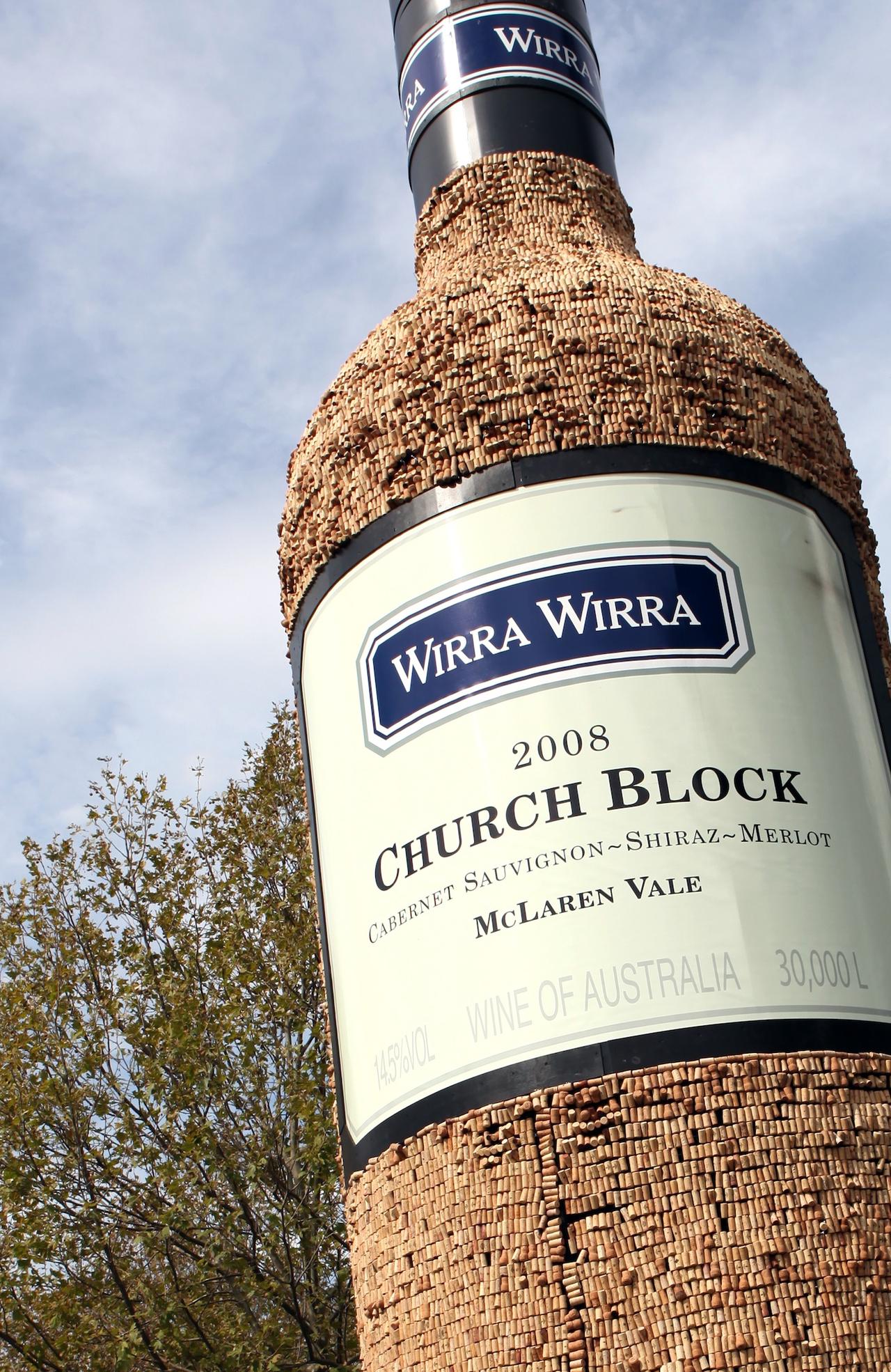 McLaren Vale's Wirra Wirra winery's 10m high Church Block wine bottle made out of corks.