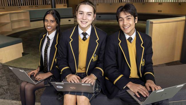 Nazareth Catholic College year 11 students Sahana, Dion and Alexia Snowdon inside their school’s soon-to-be-opened ‘integrated, innovative and collaborative learning space’ at the school’s new Kidman Park campus. Picture: Kelly Barnes