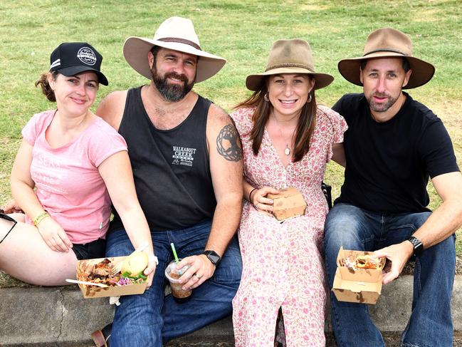 Katrina and Alex Starkey (left) with Jessica and Ross Barney. Meatstock Festival, Toowoomba showgrounds. April 2022