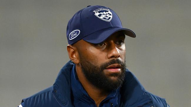 GEELONG, AUSTRALIA – MAY 27: Esava Ratugolea of the Cats stands at the huddle after being subbed off during the round 11 AFL match between Geelong Cats and Greater Western Sydney Giants at GMHBA Stadium, on May 27, 2023, in Geelong, Australia. (Photo by Morgan Hancock/AFL Photos/via Getty Images)