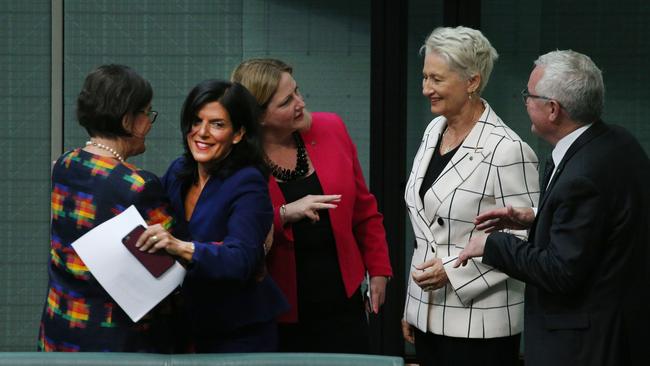 Crossbencher Julia Banks (second from left) is welcomed by The Independents, Cathy McGowan, Rebekha Sharkie, Kerryn Phelps and Andrew Wilkie. Picture: Gary Ramage