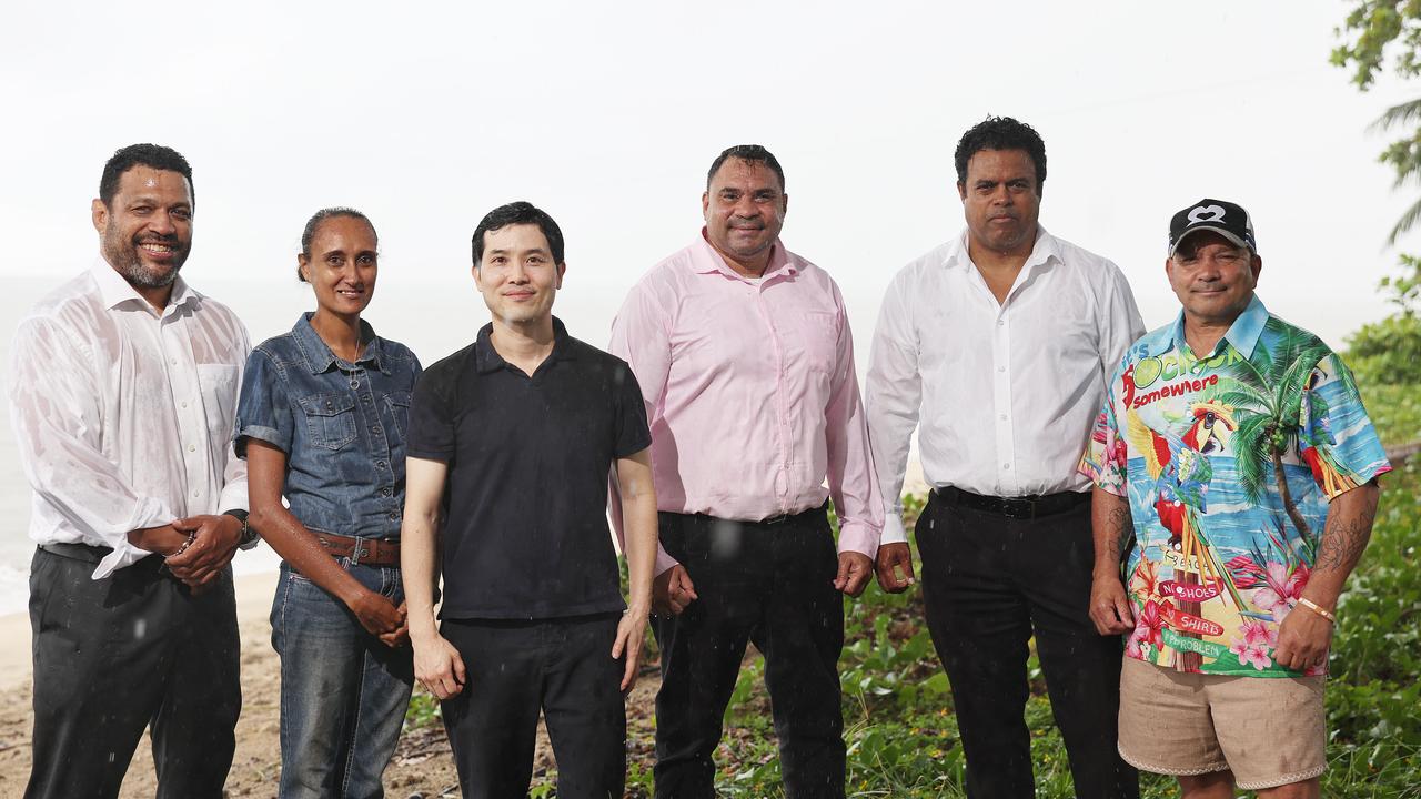 Treaty Council Worldwide have partnered with Korean-based marine company, HaejooX and traditional owners in northern Cape York and the Torres Strait on a major reef restoration project, set to start later this year. Reef project stakeholders Aaron Fa'Aoso, Maria Turpin, HaejooX director Ralph Paik, traditional owner Edgar Wymarra, James Fa'Aoso and Alex Wymarra meet at Holloways Beach to discuss the project's future. Picture: Brendan Radke