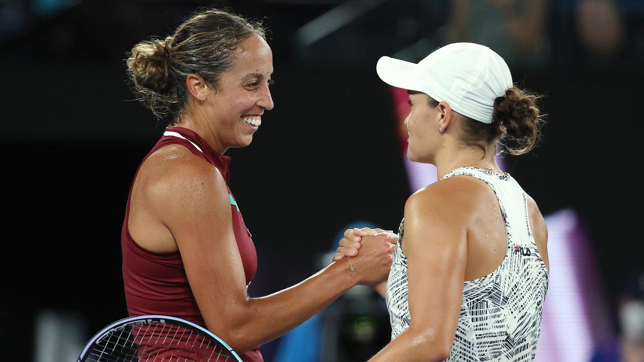 Barty and Madison Keys after the 2022 Australian Open women’s semi-final. Picture: Michael Klein