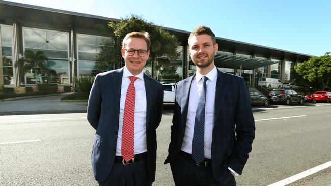 Savills’ Peter Chapple and Knight Frank’s Matt Barker outside 19 Corporate Drive, Cannon Hill, within Southgate Corporate Park. Picture: Richard Waugh