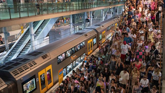 SYDNEY, AUSTRALIA – February 23, 2024, Transport chaos at the Olympic Park train station after Taylor Swift’s concert, as crowds of people are leaving. Picture: NCA NewsWire / Flavio Brancaleone