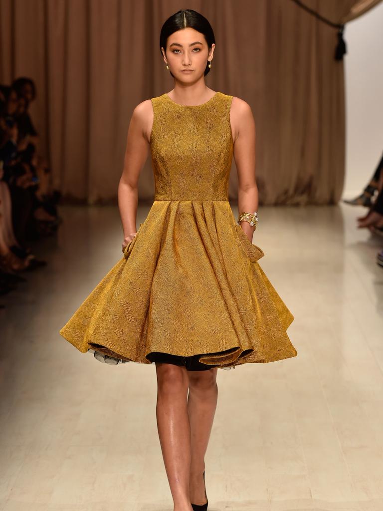 A model walks the runway during the Steven Khalil show at Mercedes-Benz Fashion Week Australia 2015. Picture: Getty