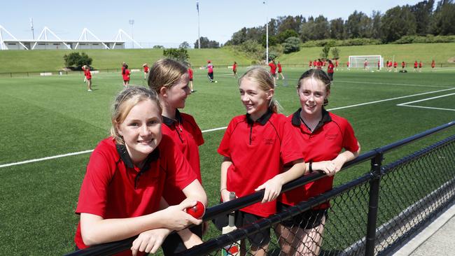 Cricketers Tully Rasmussen, Stephanie Davies, Grace Conroy and Cara Webb at Cromer, on Sydney’s northern beaches. Picture: Nikki Short