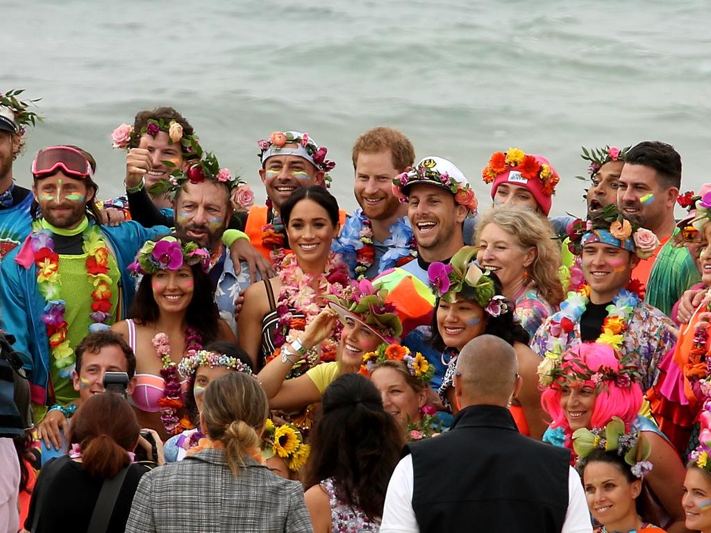 Meghan and Harry on Bondi beach meeting the locals. Picture: John Grainger